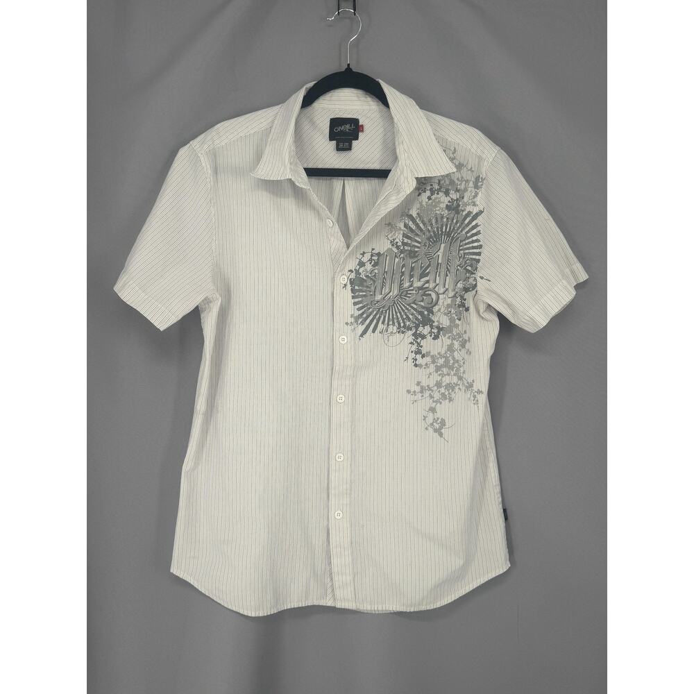O'Neill Shirt Mens Large White Stripe Short Sleeve Button Up Graphic Casual